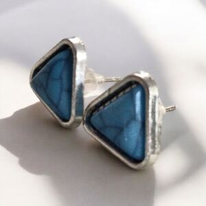 Silver and Blue Triangle Stud Earrings
